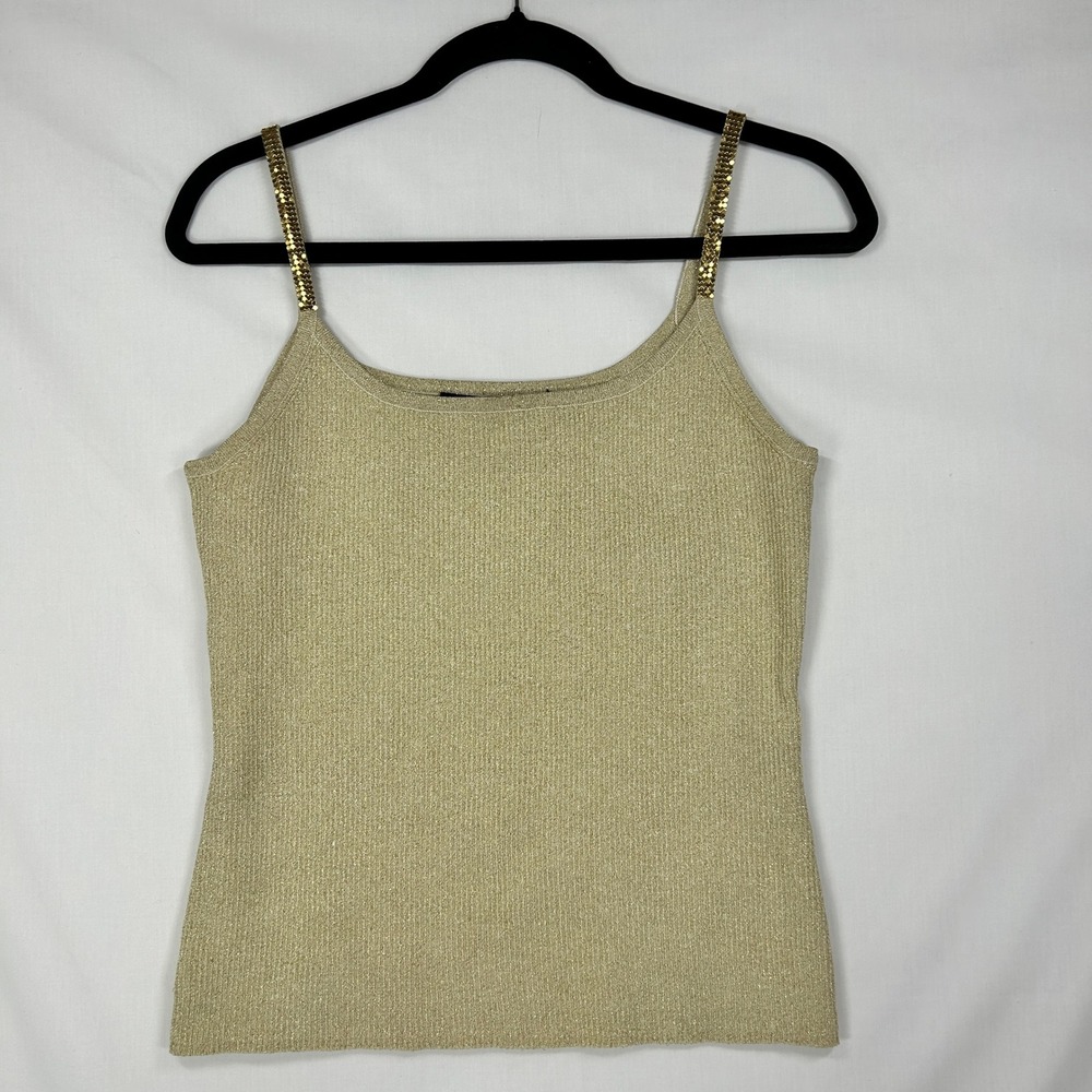 Vintage Willi Smith Metallic Gold Shimmer Knit Cami Top Sequin Mesh Strap Medium